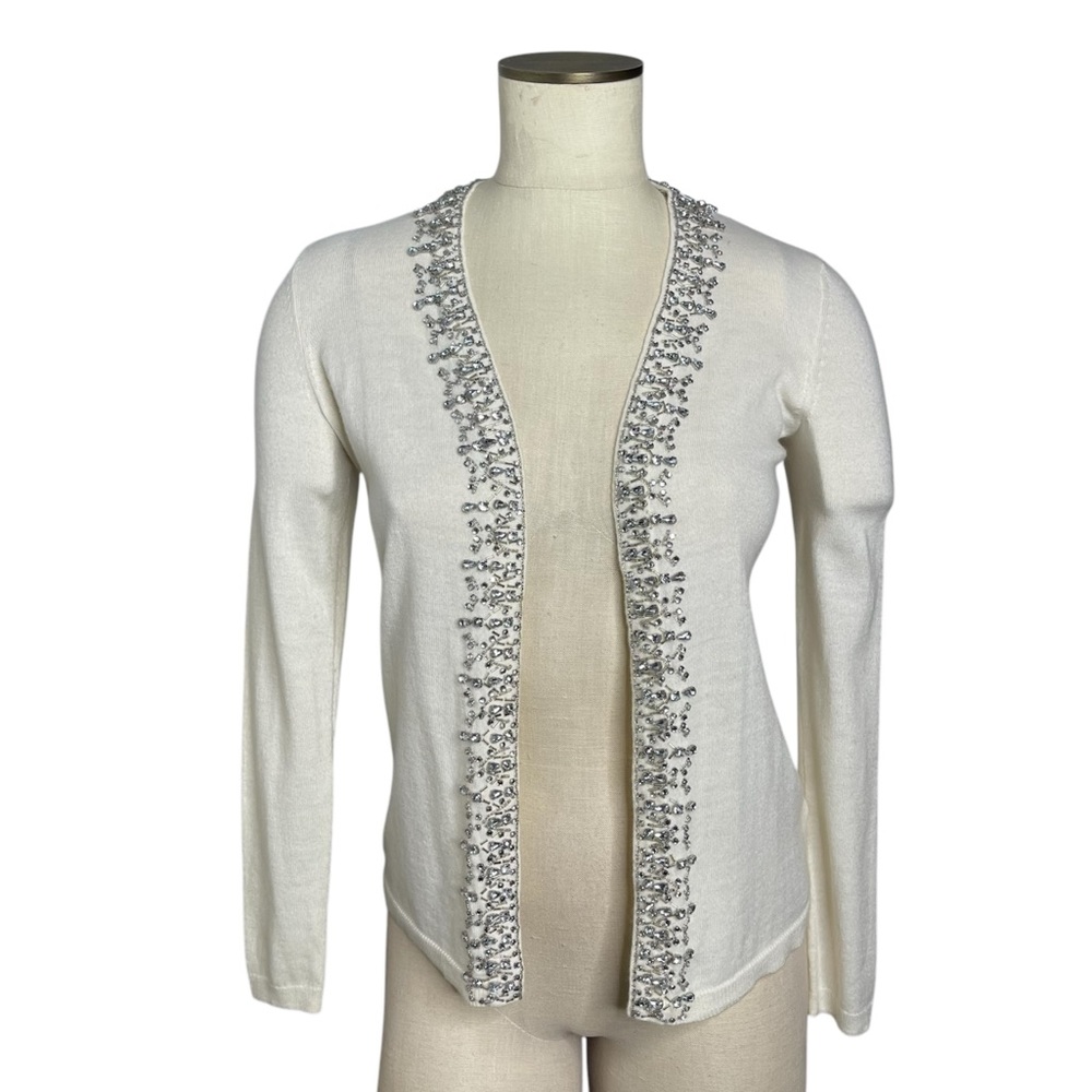 Talbots Ivory Open Front Rhinestones Cardigan Sweaters Lambswool Size PS NWOT